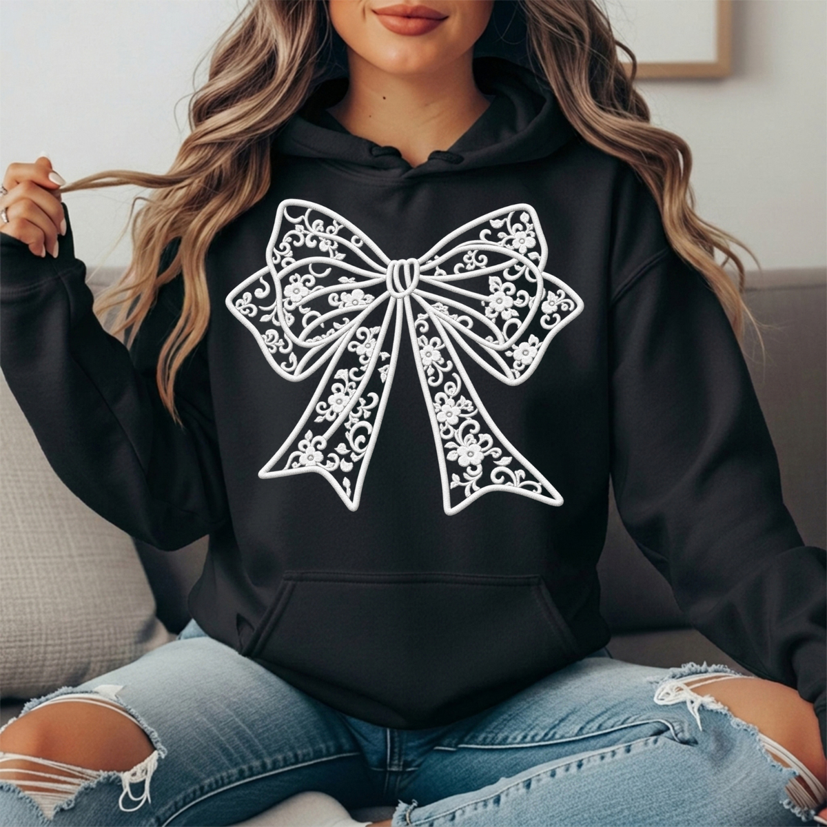 Floral Lace Bow Graphic Hoodie