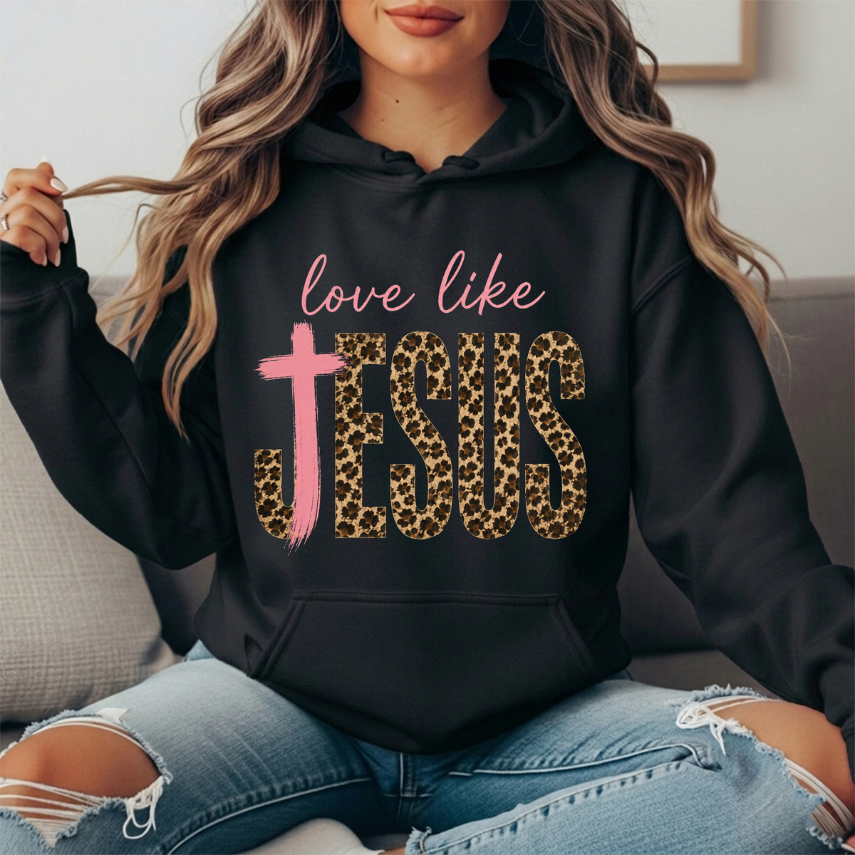 Love Like Jesus Leopard Print Cross Graphic Hoodie