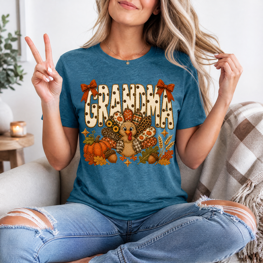 Grandma Thanksgiving Turkey & Bow Graphic Tee