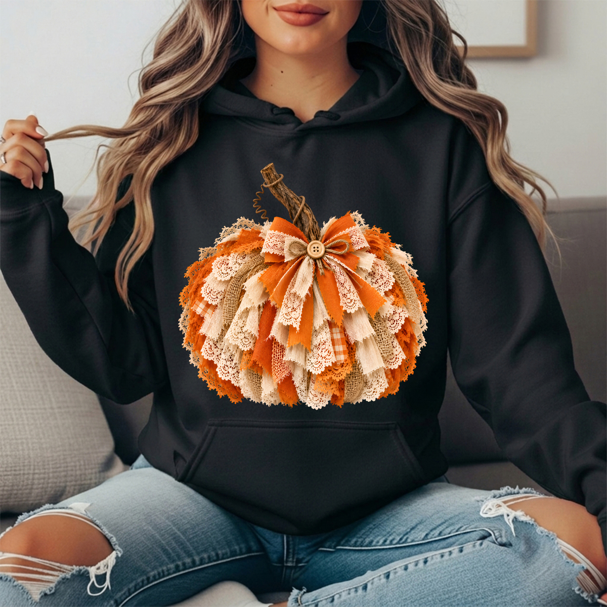 Rustic Lace & Burlap Pumpkin Graphic Hoodie