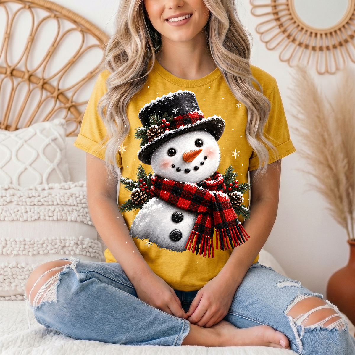 Snowman Buffalo Plaid Scarf Christmas Graphic Tee