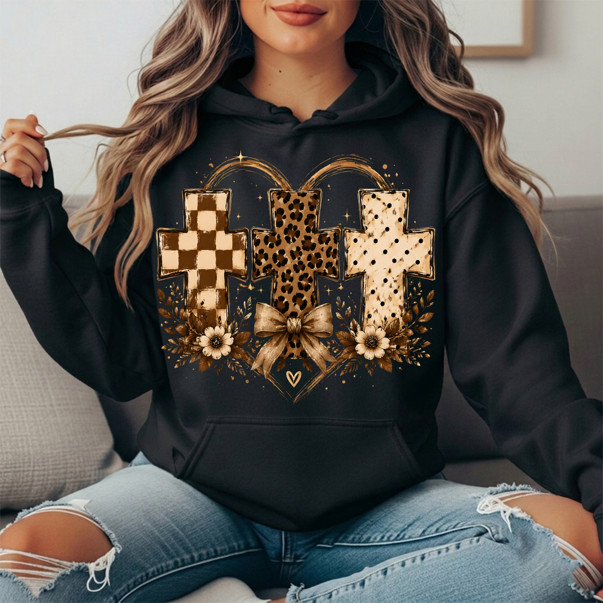 Three Crosses Leopard Floral Bow Graphic Hoodie