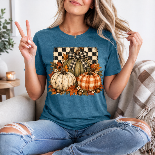 Rustic Fall Pumpkin Trio & Gingham Bow Graphic Tee