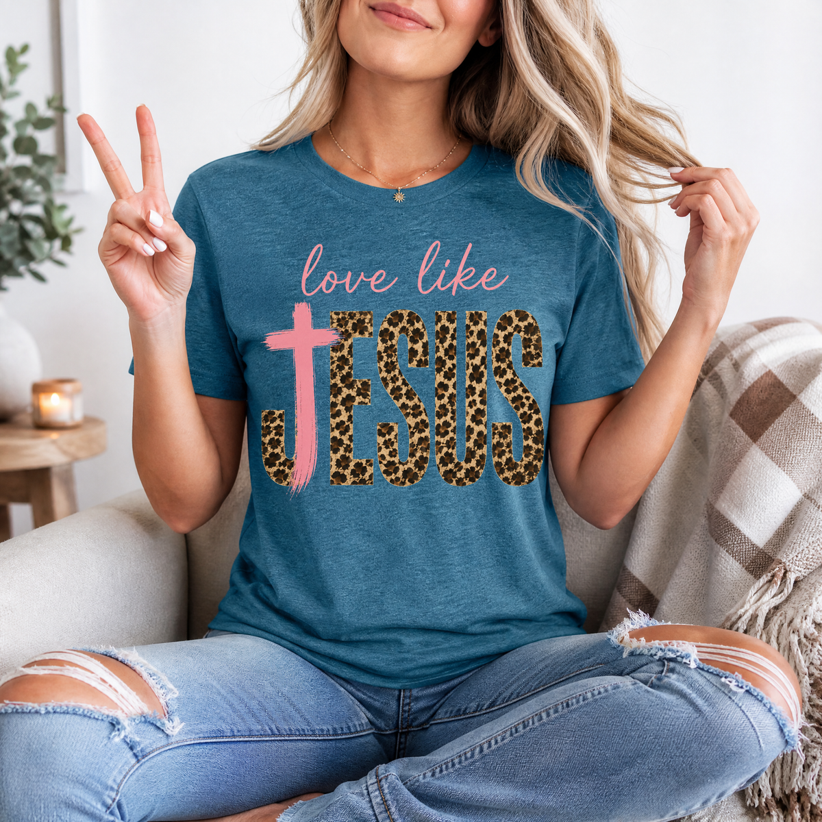 Love Like Jesus Leopard Print & Pink Cross Graphic Tee
