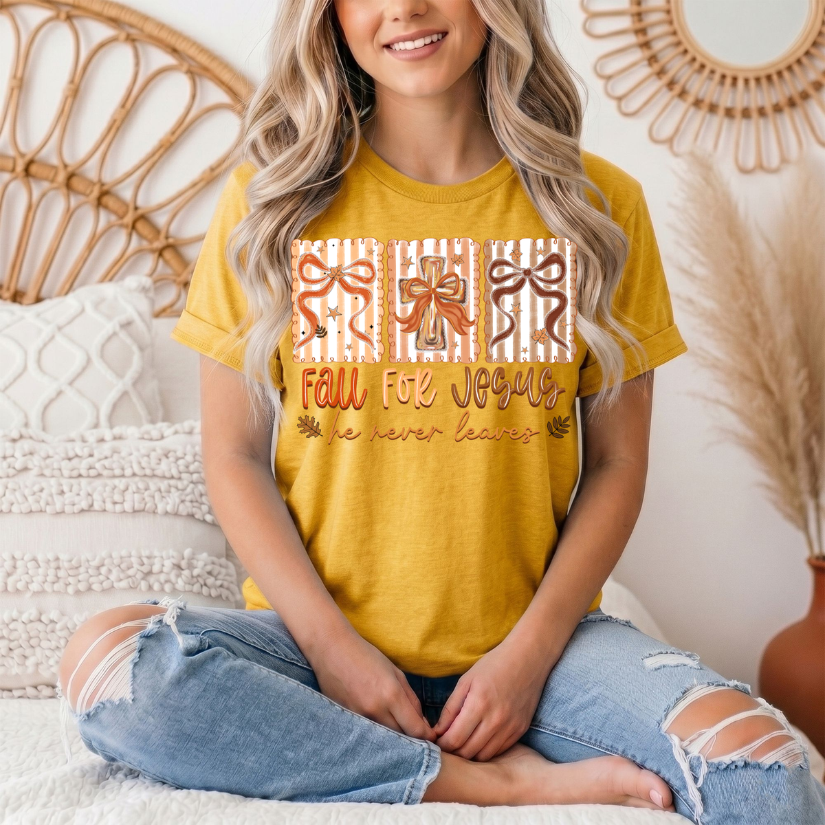 Fall for Jesus He Never Leaves Christian Graphic Tee