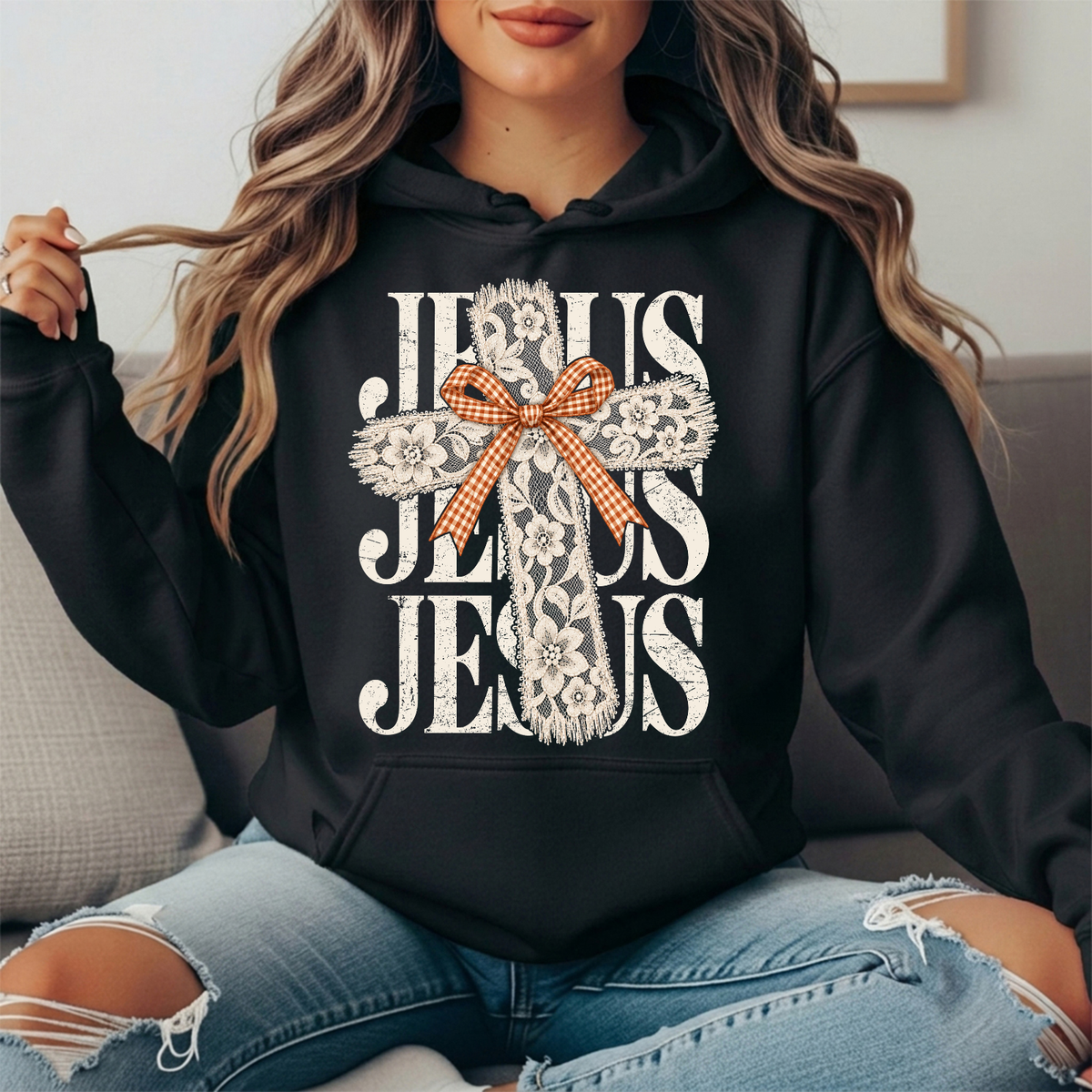Jesus Floral Lace Cross & Gingham Bow Graphic Hoodie