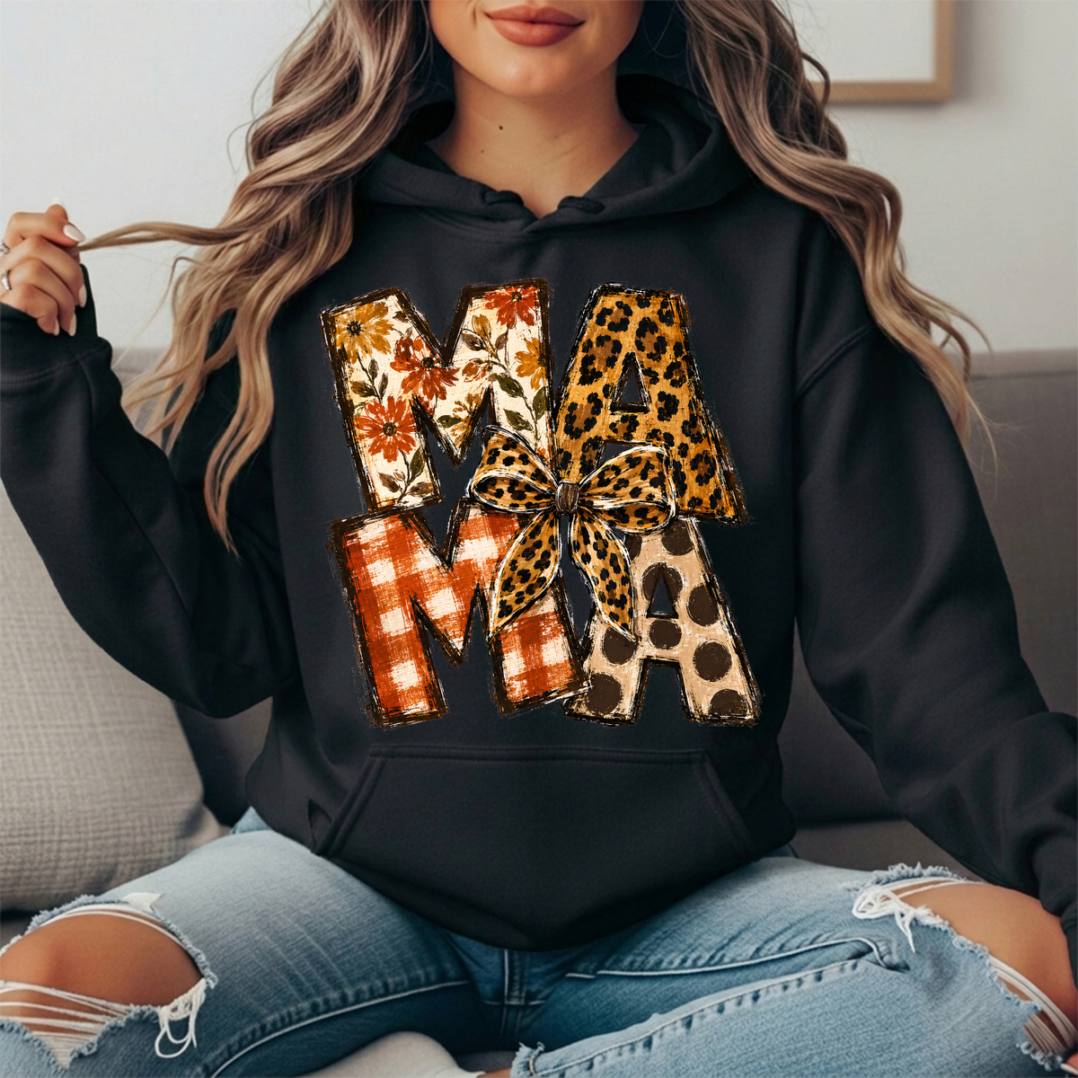 Mama Fall Patchwork & Leopard Bow Graphic Hoodie