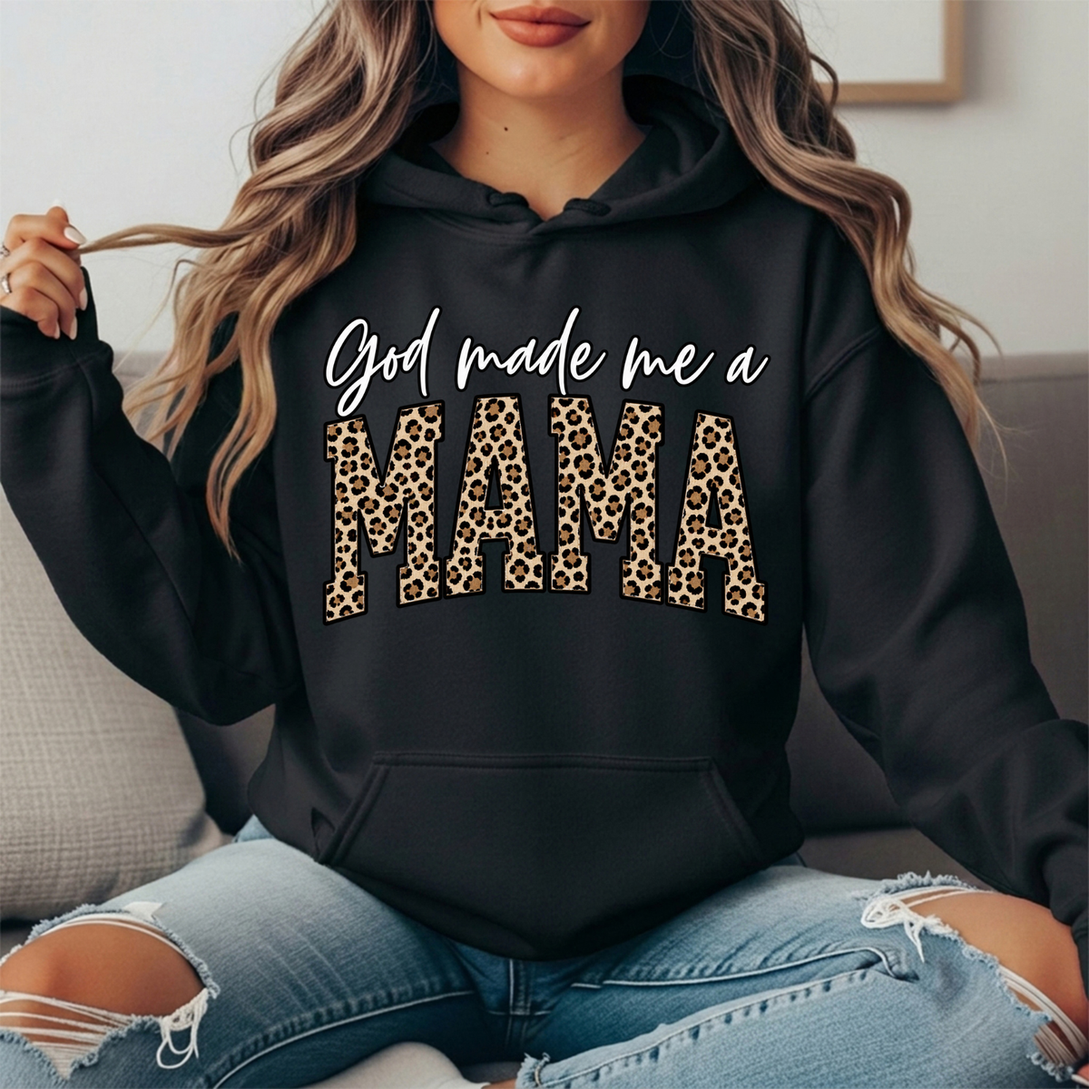 God Made Me a Mama Leopard Print Graphic Hoodie