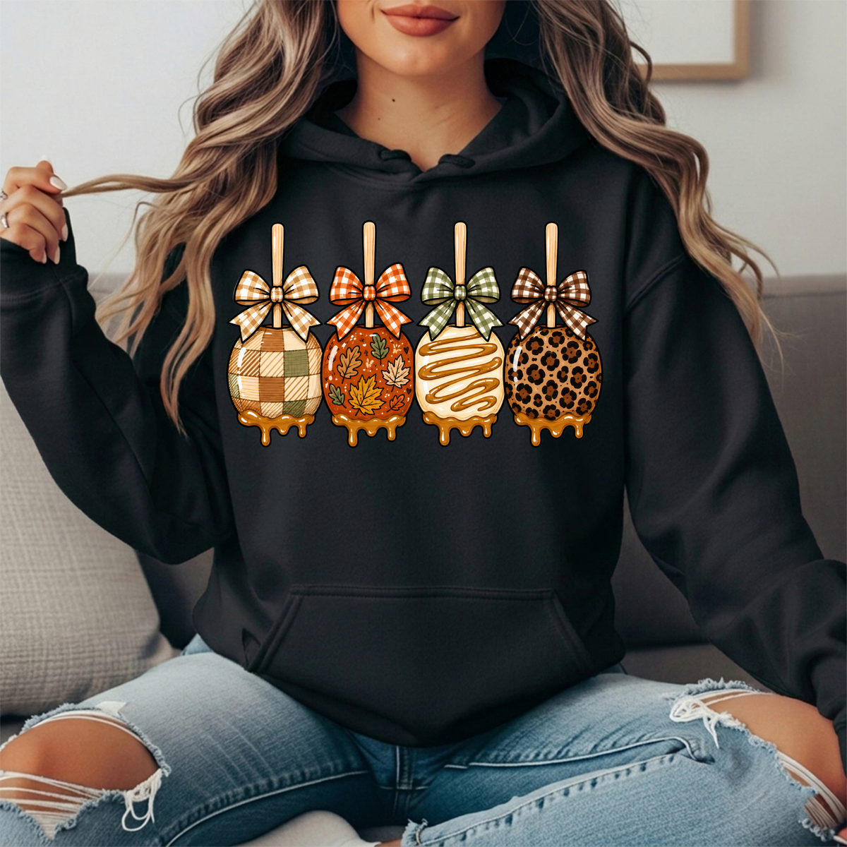 Fall Caramel Apples & Gingham Bows Graphic Hoodie