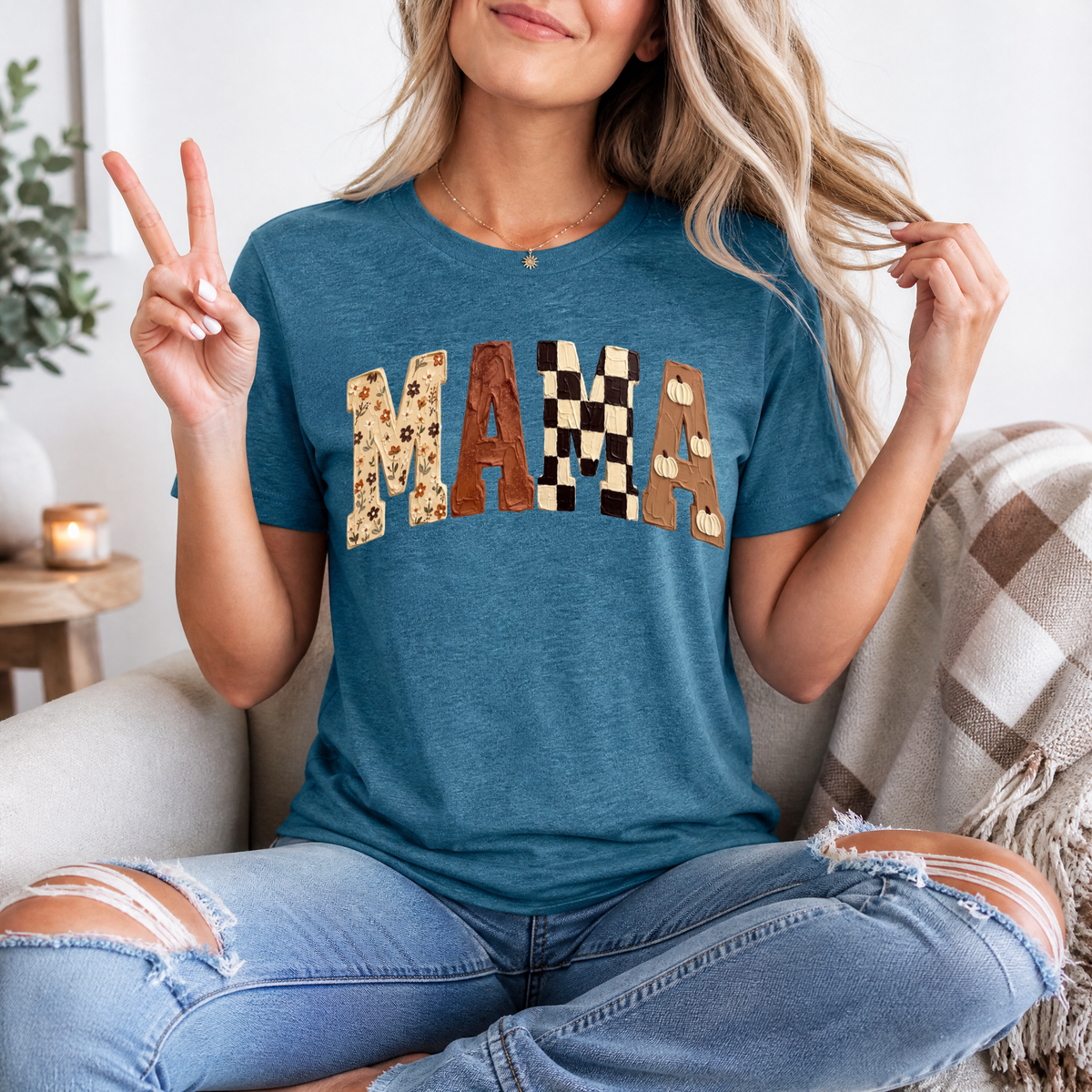 Fall Mama Floral, Checkerboard & Pumpkin Graphic Tee