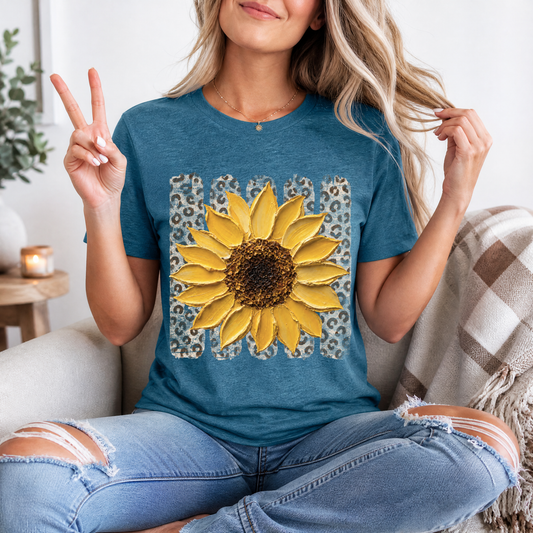 Painted Sunflower & Leopard Print Graphic Tee