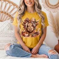 Fall Highland Cow Bow & Pumpkins Graphic Tee