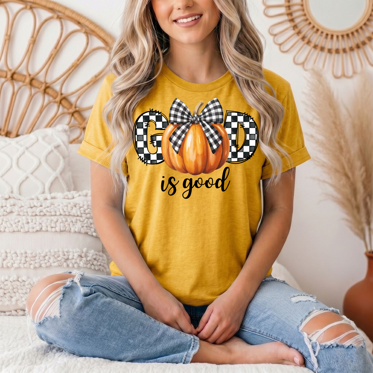 God Is Good Pumpkin & Gingham Bow Graphic Tee