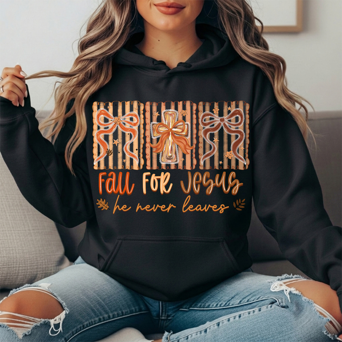Fall for Jesus He Never Leaves Bow Cross Graphic Hoodie