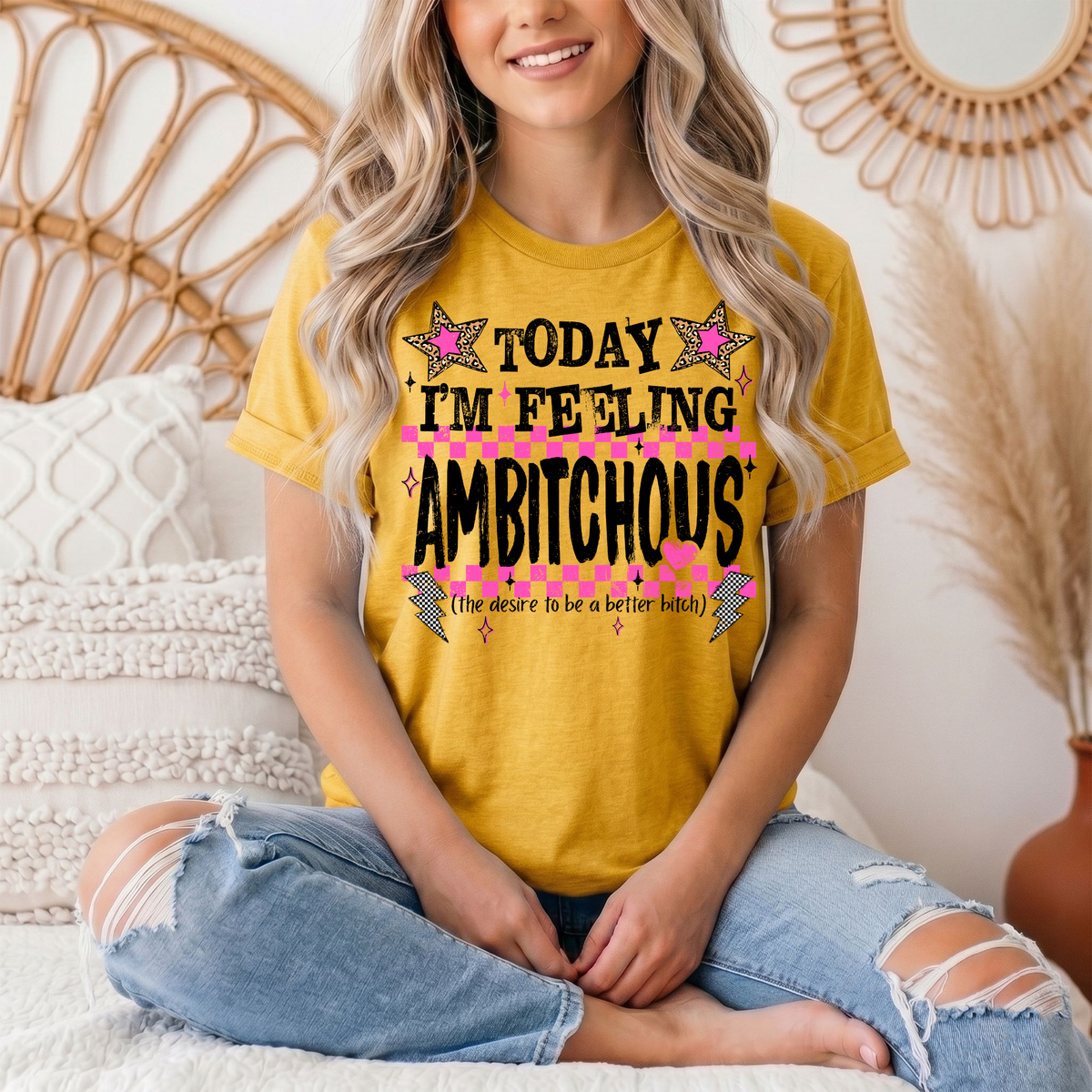 Today I'm Feeling Ambitchous Pink Checkerboard Graphic Tee