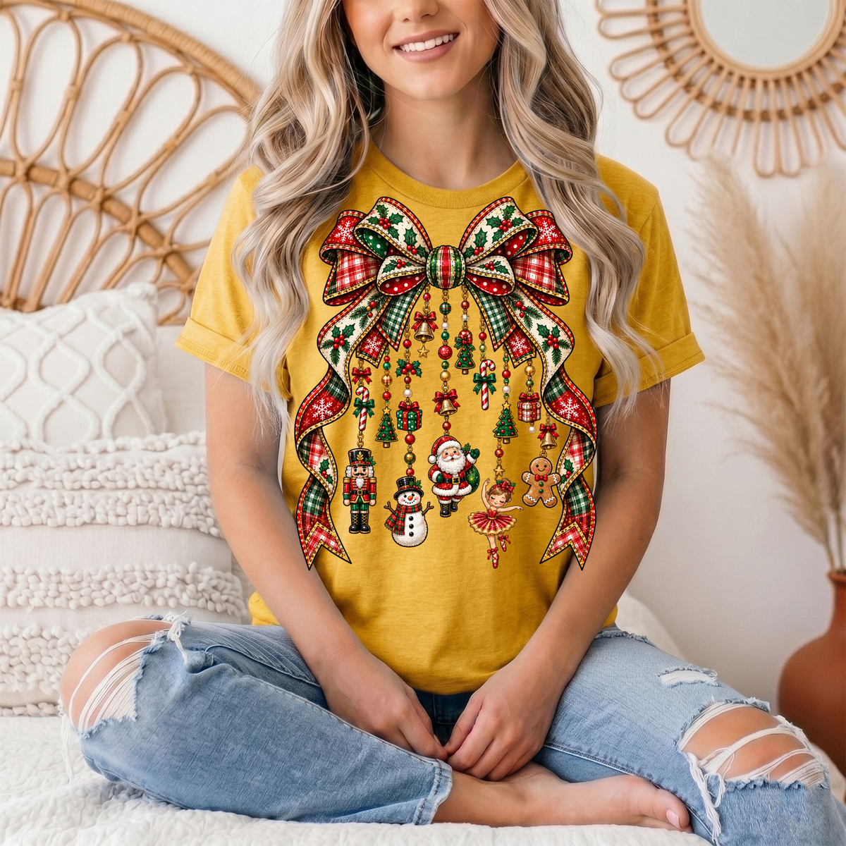 Christmas Plaid Bow & Holiday Charms Graphic Tee