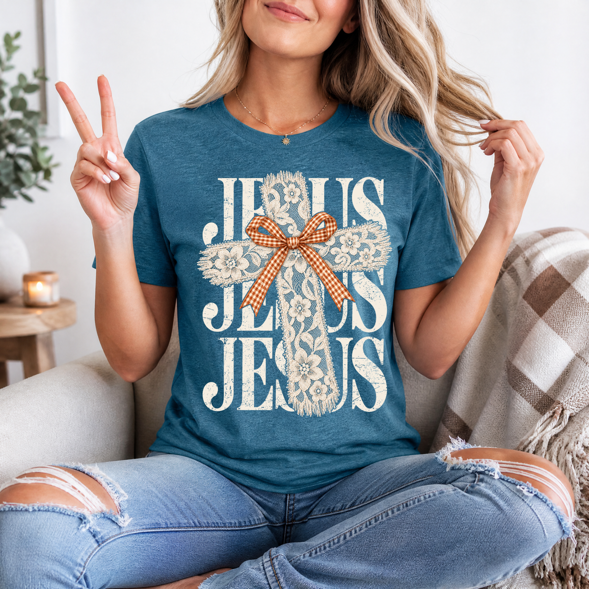 Jesus Lace Cross & Gingham Bow Christian Graphic Tee