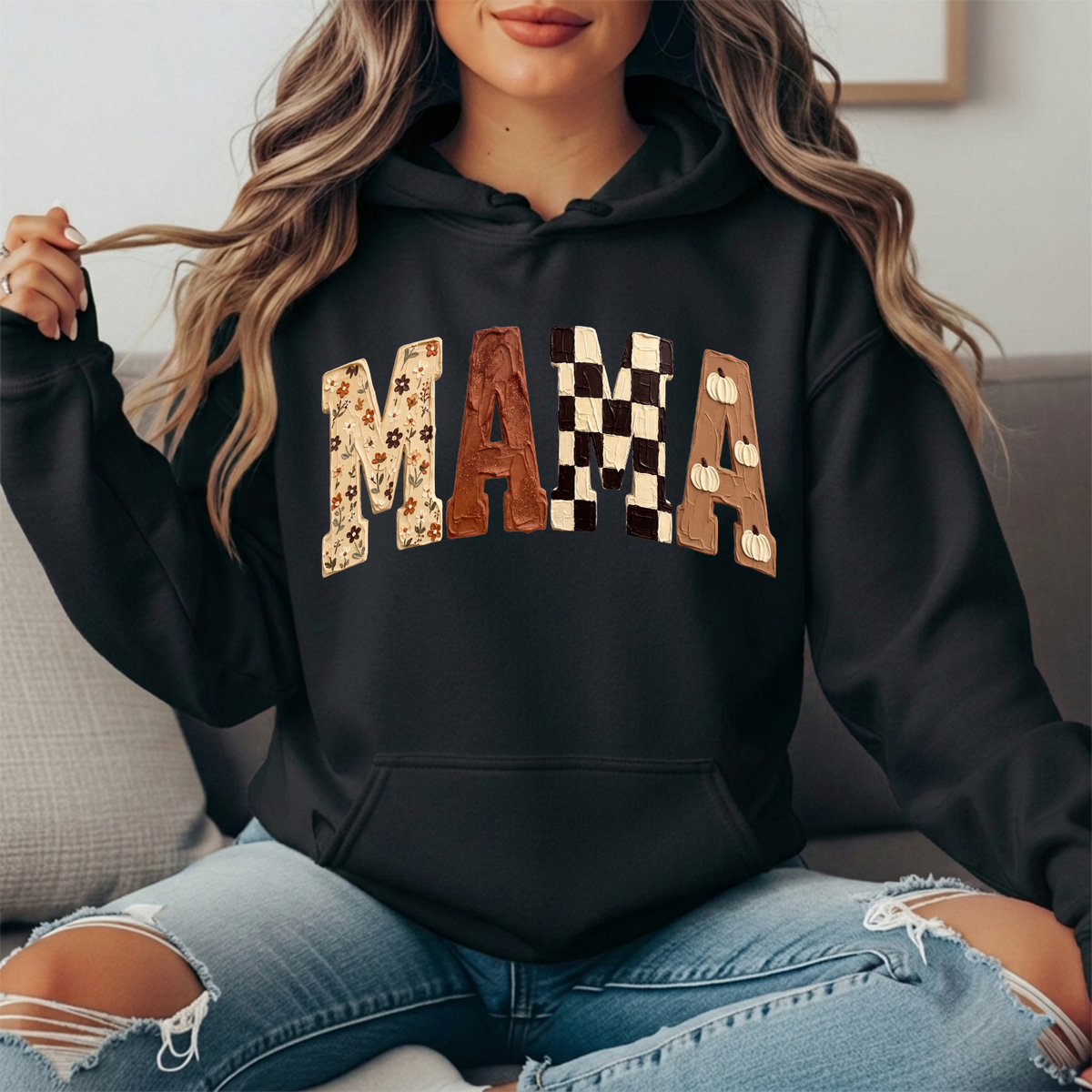 Mama Fall Floral, Checkerboard & Pumpkin Graphic Hoodie