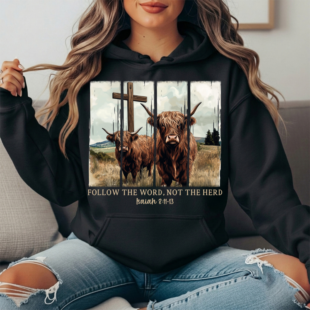 Follow the Word Not the Herd Highland Cow Graphic Hoodie