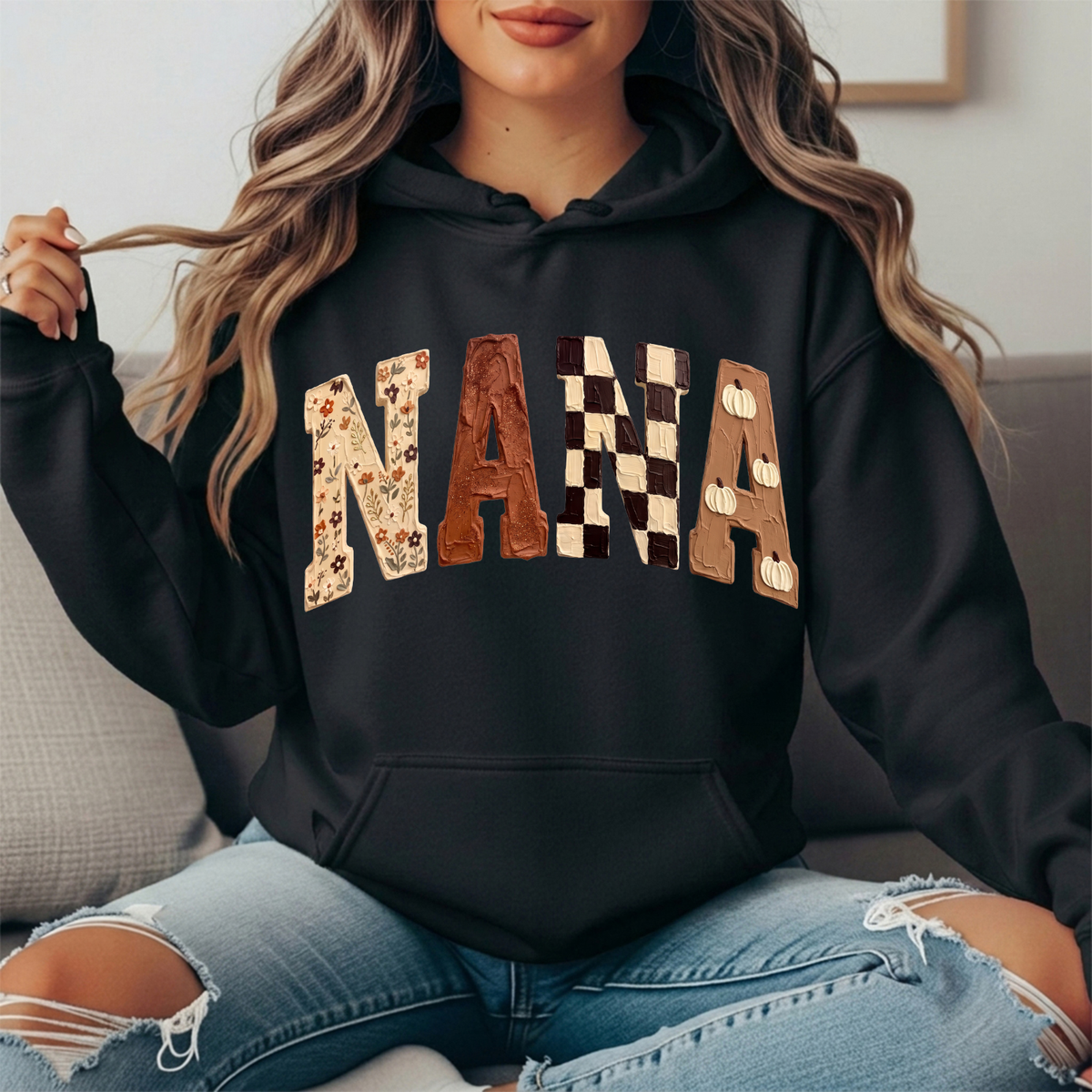 Nana Fall Floral, Checkerboard & Pumpkin Graphic Hoodie