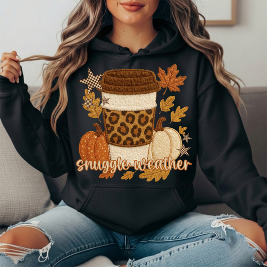 Snuggle Weather Faux Embroidery Coffee Hoodie Sweatshirt