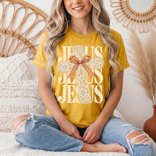 Jesus Lace Cross & Gingham Bow Christian Graphic Tee