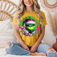 Grinchy Before Coffee Pink Checkerboard Christmas Graphic Tee