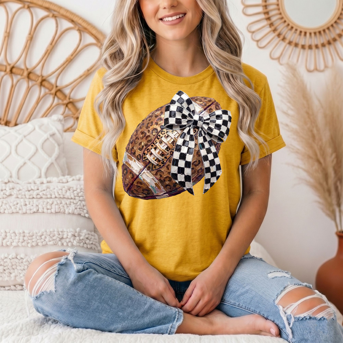 Leopard Football & Checkerboard Bow Graphic Tee