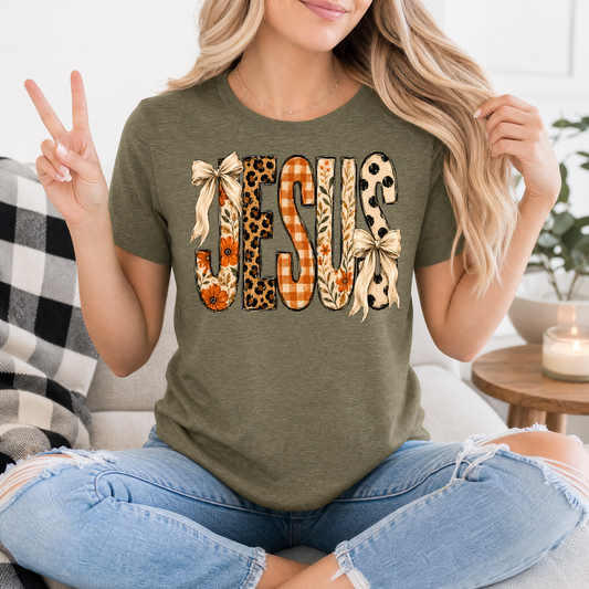 Jesus Floral, Leopard & Gingham Bow Graphic Tee
