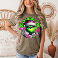 Grinchy Before Coffee Pink Checkerboard Christmas Graphic Tee