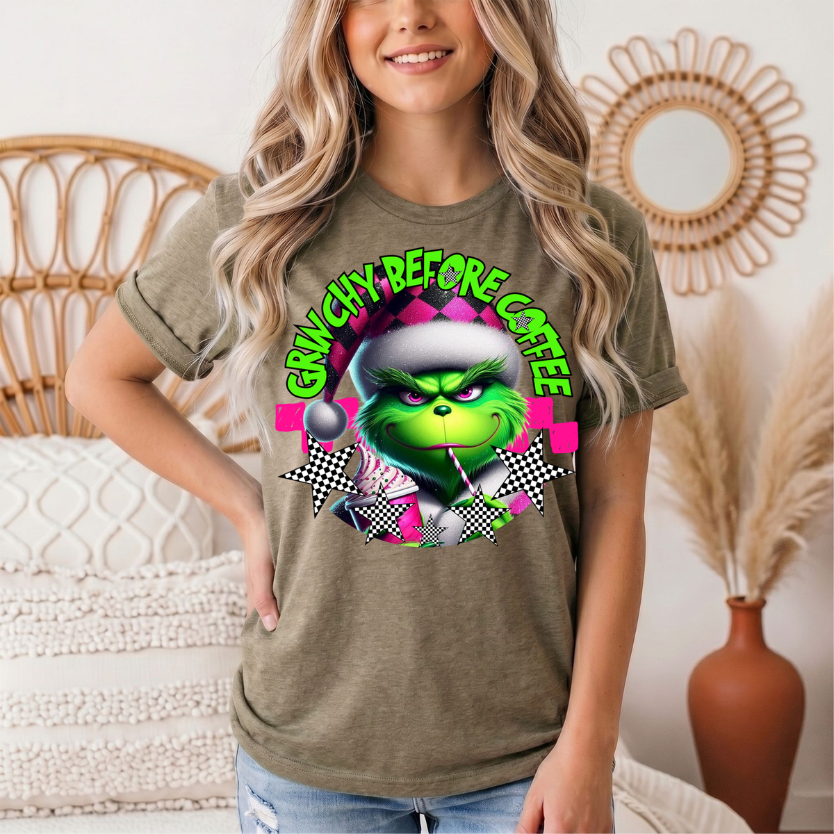 Grinchy Before Coffee Pink Checkerboard Christmas Graphic Tee