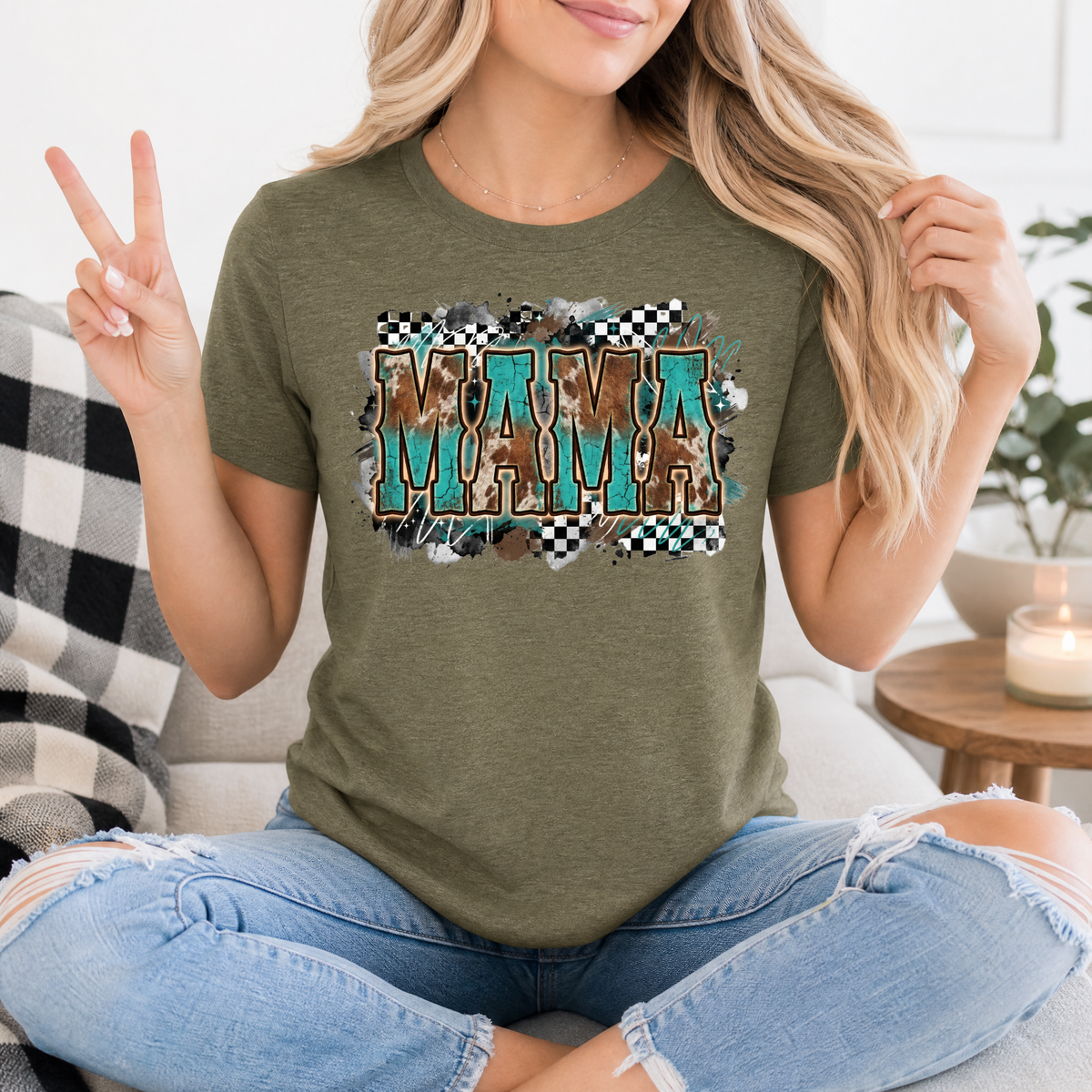 Western Mama Turquoise & Checkerboard Graphic Tee