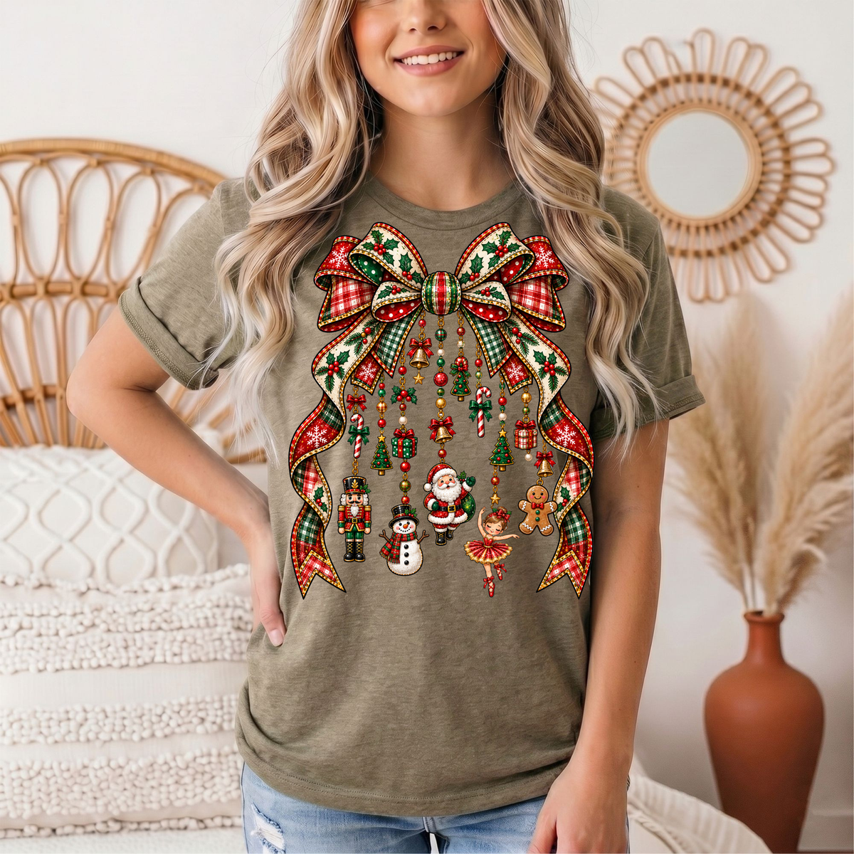 Christmas Plaid Bow & Holiday Charms Graphic Tee