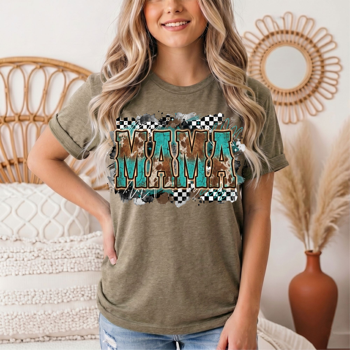 Turquoise & Cow Print Mama Western Graphic Tee