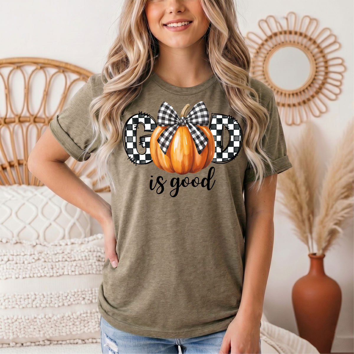 God Is Good Pumpkin & Gingham Bow Graphic Tee