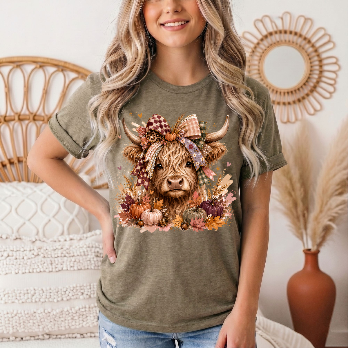 Fall Highland Cow Bow & Pumpkins Graphic Tee