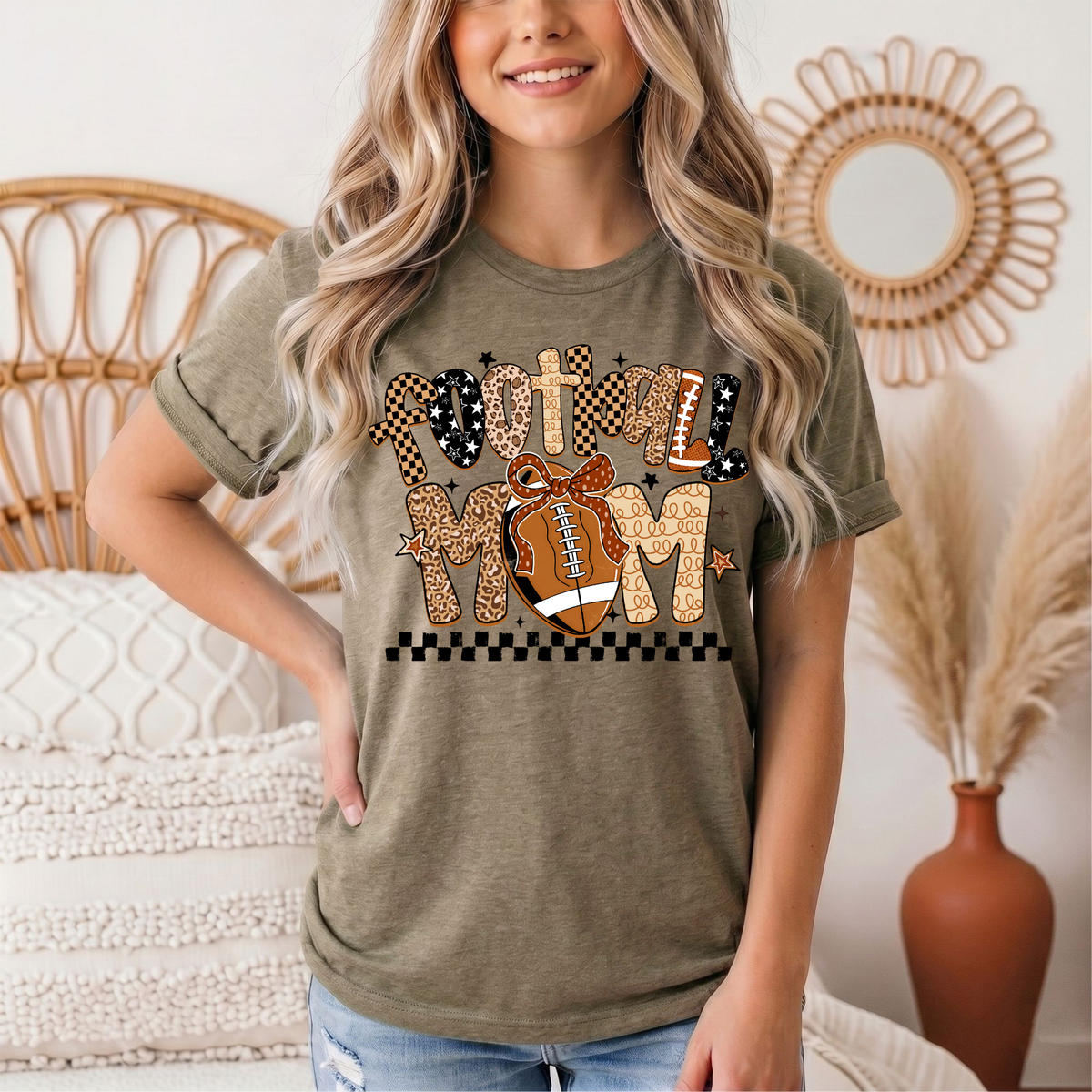 Football Mom Mixed Print Bow & Checkerboard Graphic Tee