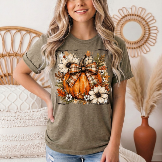 Fall Pumpkin Floral & Plaid Bow Graphic Tee