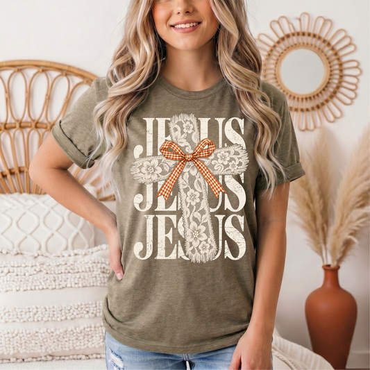 Jesus Lace Cross & Gingham Bow Christian Graphic Tee