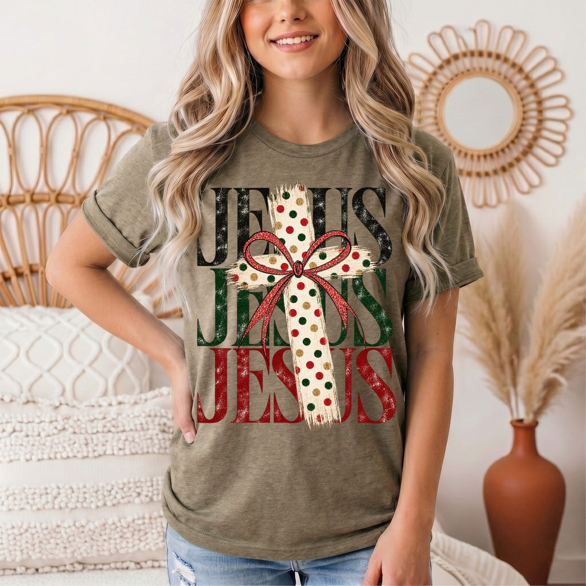 Jesus Christmas Cross & Bow Graphic Tee