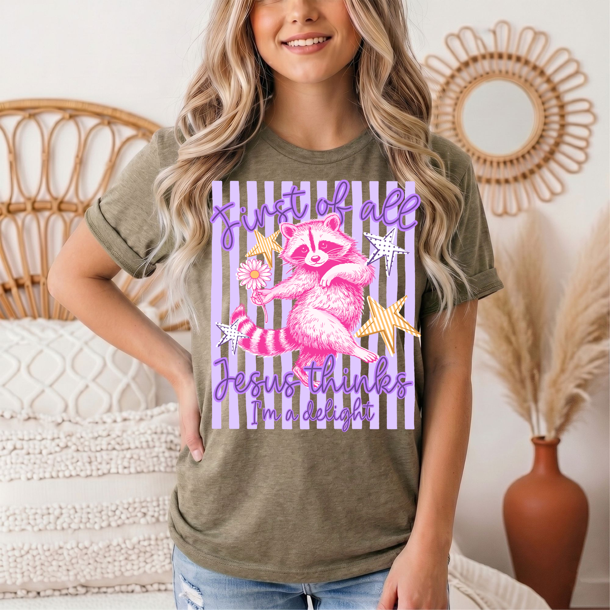 Jesus Thinks I'm a Delight Pink Raccoon Graphic Tee