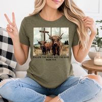 Follow the Word, Not the Herd Highland Cow Graphic Tee