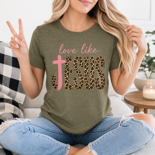 Love Like Jesus Leopard Print & Pink Cross Graphic Tee