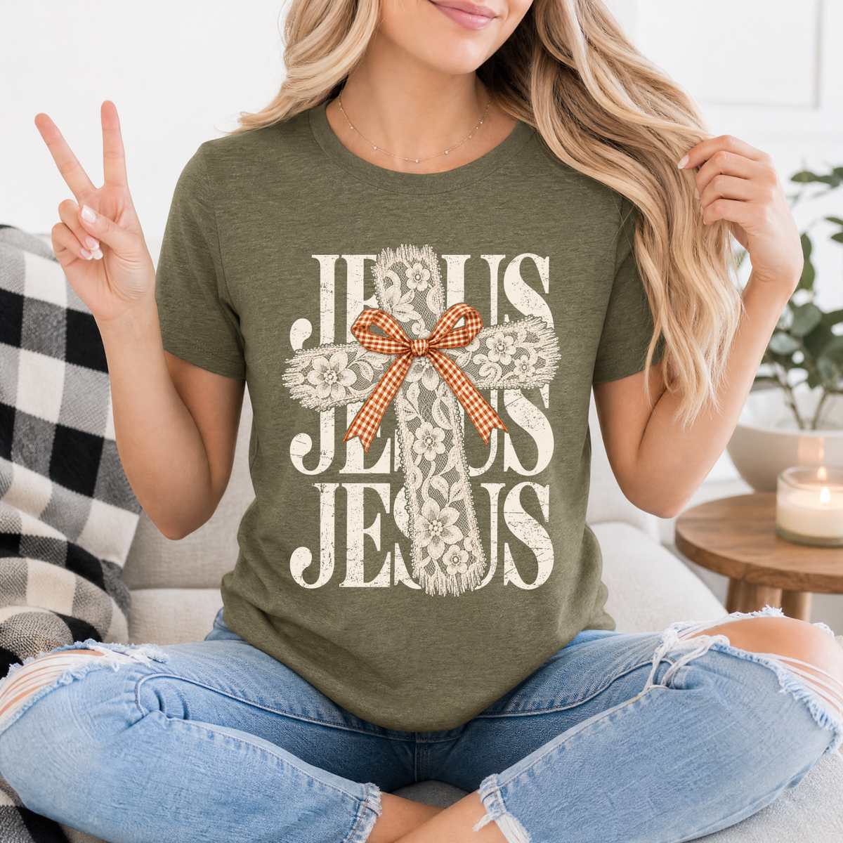 Jesus Lace Cross & Gingham Bow Christian Graphic Tee