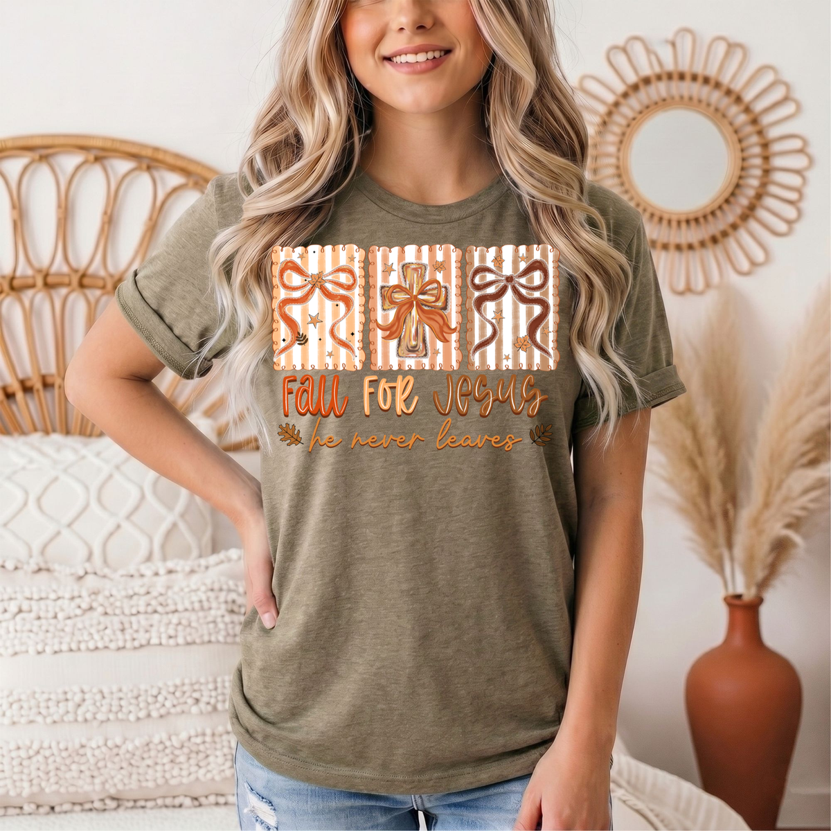 Fall for Jesus He Never Leaves Christian Graphic Tee