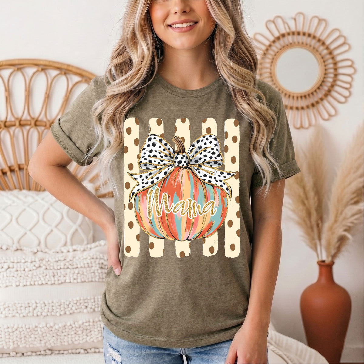 Mama Pumpkin & Spotted Bow Fall Graphic Tee