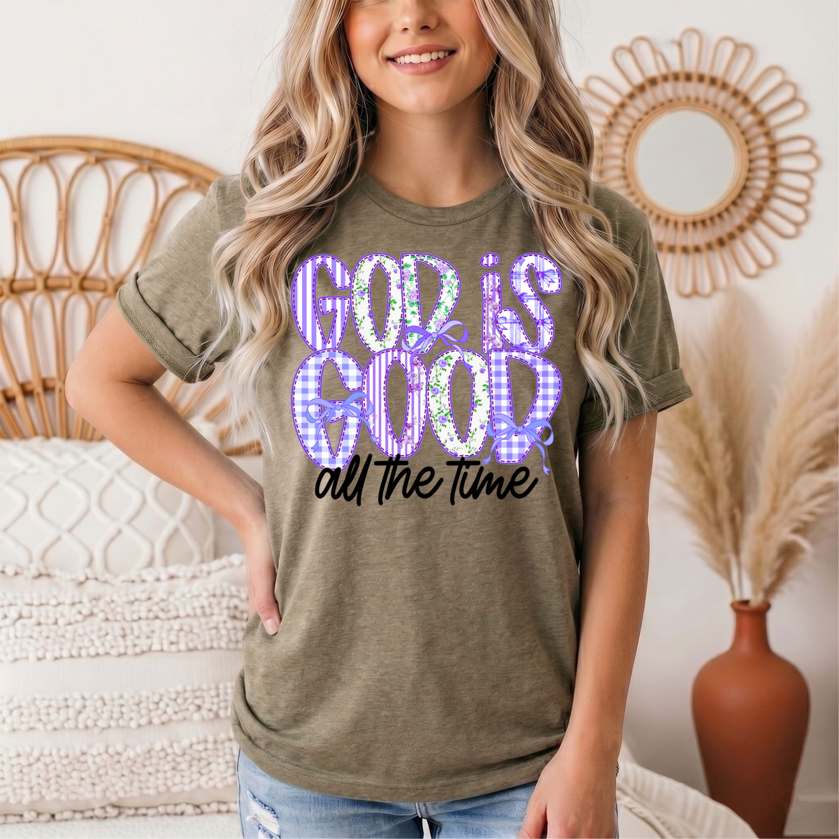 God Is Good All the Time Purple Bow Graphic Tee