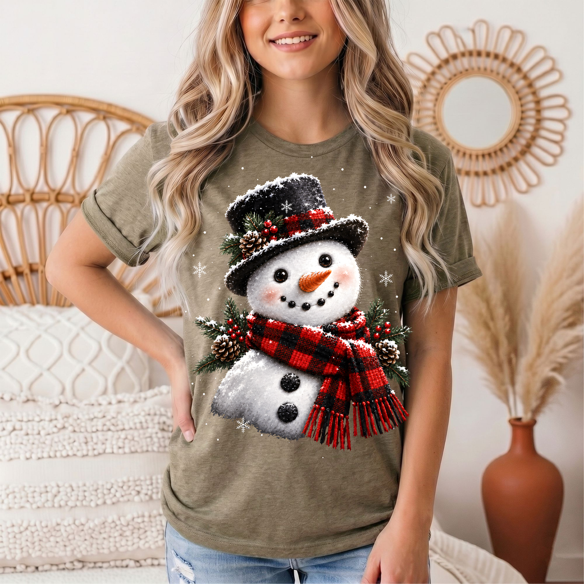 Snowman Buffalo Plaid Scarf Christmas Graphic Tee