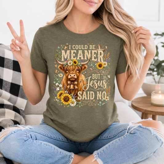 I Could Be Meaner, But Jesus Said No Highland Cow Graphic Tee