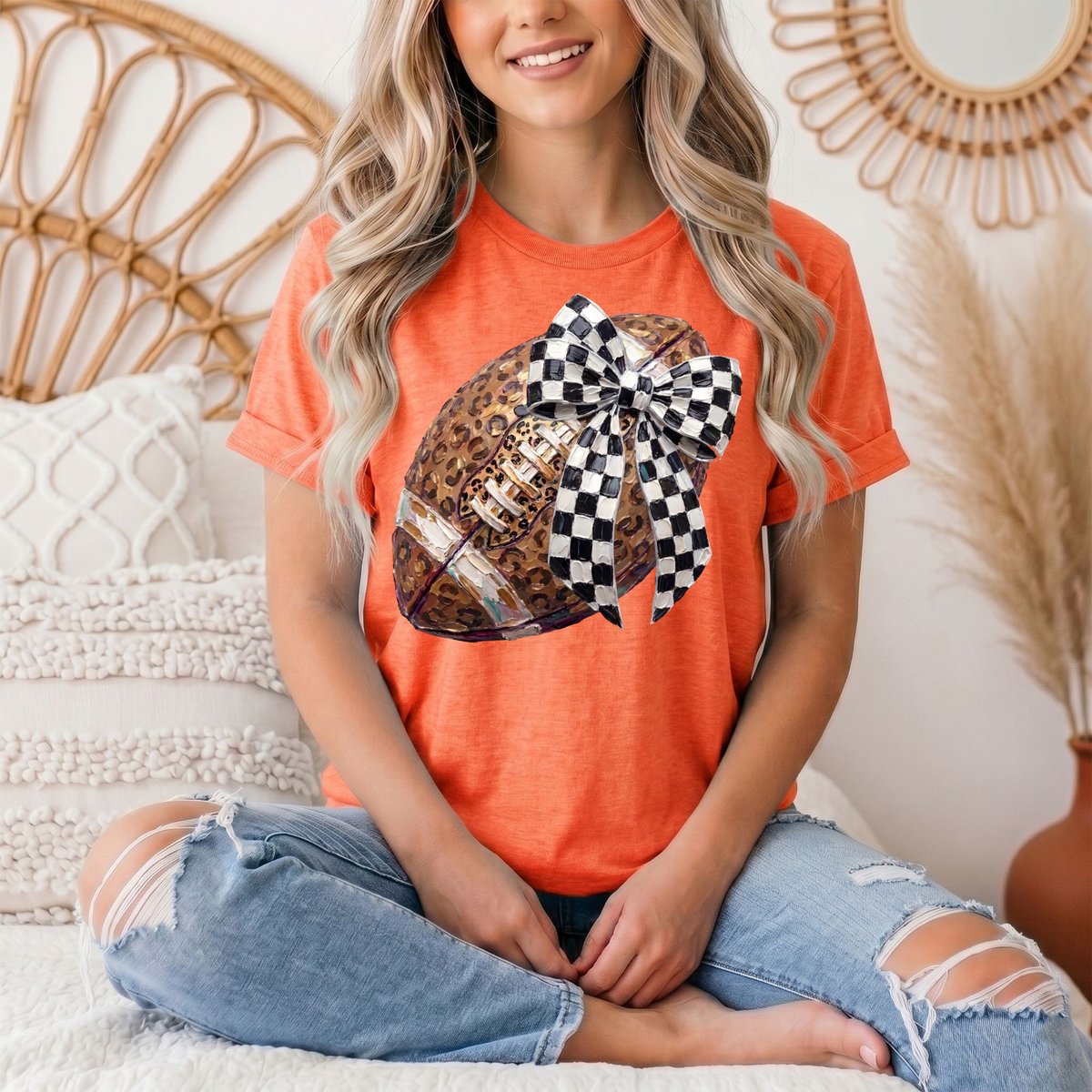 Leopard Football & Checkerboard Bow Graphic Tee